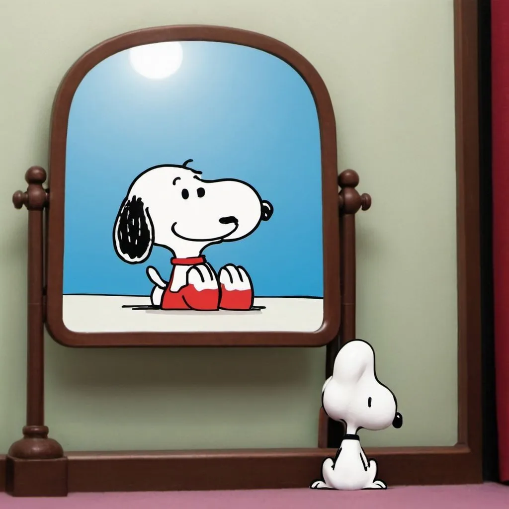 Prompt: Imagine a scene where Snoopy looks in the mirror
