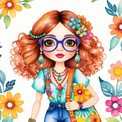 Prompt: Draw a hippie doll in a watercolor style with a white background. The doll has voluminous hair adorned with colorful flowers and is wearing round retro-style glasses. She wears flared pants with psychedelic prints and a fringed bag slung over her shoulder. She adds additional details like bracelets and beaded necklaces to complete her hippie look. She uses soft, blurred brush strokes to create a watercolor effect that gives a nostalgic and bohemian feel to the image.