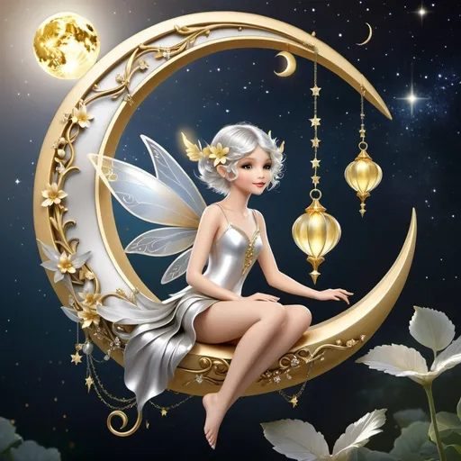 Prompt: Imagine a cheerful young fairy in a silver and gold outfit, sitting on a columbium hanging from the crescent moon at dawn, short, wavy hair, digital art style clipart, highly detailed by Mandy Jungens, Nadja Baxter, Anne Stokes , nicoletta ceccoli, full colors.