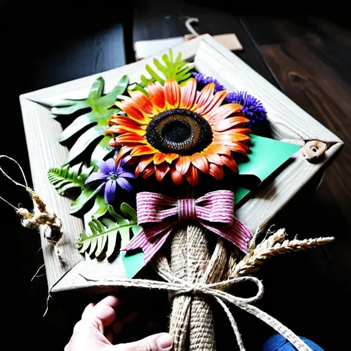 Prompt: In the lower left corner of a rustic wooden photo frame, a floral ornament with a bohemian style stands out. The arrangement includes wildflowers in bright hues, such as sunflowers, lavenders, poppies and daisies, mixed with fern fronds and vines that extend slightly into the photo. A jute bow wraps the base of the floral ornament, adding a handmade touch. The design is cheerful and natural, ideal for giving a fresh and colorful touch to the photo frame, creating a charming contrast with the rustic texture of the frame.