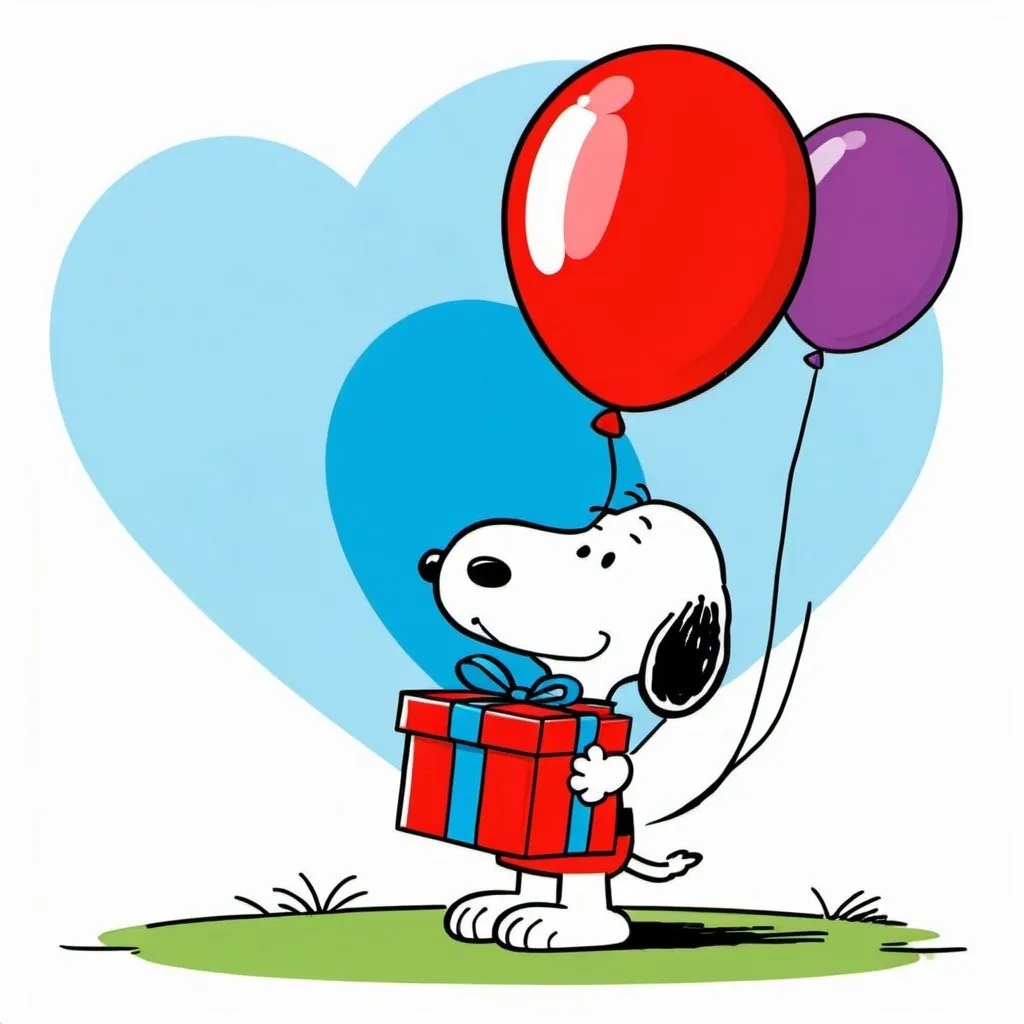 Imagine Snoopy holding a gift and a balloon in his h...