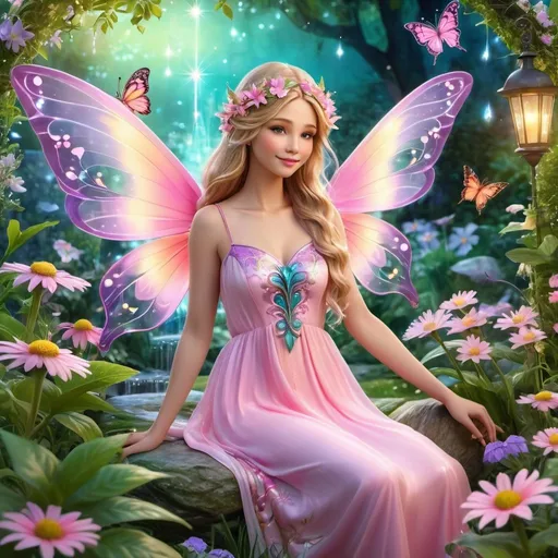 Prompt: Imagine a realistic cinematic scene of a fairy in a lush enchanted garden. The fairy has translucent and shiny wings, adorned with delicate patterns like those of a butterfly. His hair flows in soft waves and is decorated with wildflowers. The fairy is dressed in a pink robe and carries with her a magic wand that emits flashes of light. Around her, there are fireflies and butterflies fluttering among the flowers in the garden, creating an atmosphere of dream and magic.
