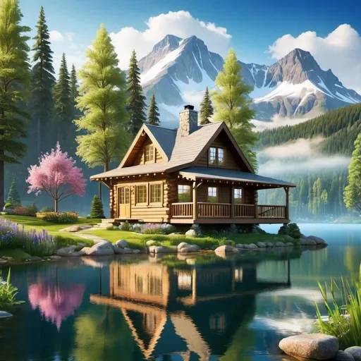 Prompt: Draw a detailed and enchanting image of a lovely cabin nestled by a serene lake. The cabin should have a classic, cozy design with a thatched or shingled roof, large windows, and a stone or wooden facade. Position the cabin so it overlooks the sparkling lake, which should be surrounded by wildflowers, grasses, and a few majestic trees. The water should be calm and mirror-like, reflecting the cabin and the natural beauty around it. Add elements such as birds flying overhead, a small garden with vibrant flowers, and a pathway leading to the lake to create a sense of harmony and tranquility in this picturesque setting.