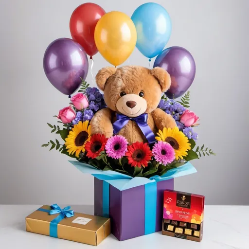 Prompt: Imagine, a gift package that includes: a teddy bear, colorful balloons, flowers and chocolates.