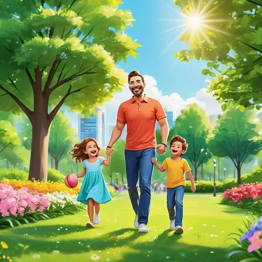 Prompt: Imagine a cinematic scene in a realistic style and create a touching and cheerful illustration of a happy father. The scene must represent the father in a natural and sincere moment, playing with his children in a park. It shows the father with a wide, genuine smile, his eyes shining with happiness. The children could be laughing and holding your hand as you walk together. The background should be a vibrant, sunny park, with lush green grass, trees and colorful flowers, capturing the essence of a happy, carefree day.