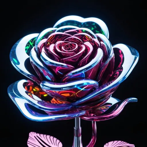 Prompt: In a high-tech room with glass walls and LED panels, a magical holographic rose is projected from a device in the center of a table. The holographic rose glows with soft, multicolored light, its petals seemingly made of pure energy that ripples and changes shape slightly over time. Around the rose, tiny sparks and flashes of light scatter in the air, creating a mesmerizing visual effect. The scene conveys a sense of wonder and technological sophistication, highlighting the magic of the holographic rose.