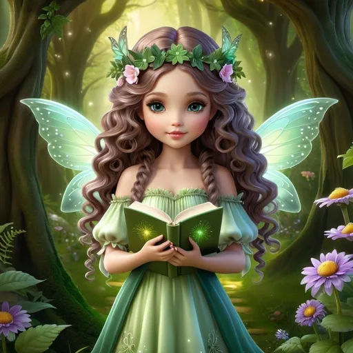 Prompt: portrait and full body shot of a cute forest fairy, who is holding a book in her hands, she is doing magic in a beautiful and magical enchanted garden, long curly hair, digital art style clipart, very detailed by mandy jungens, nadja baxter, anne stokes, nicoletta ceccoli, full colors.