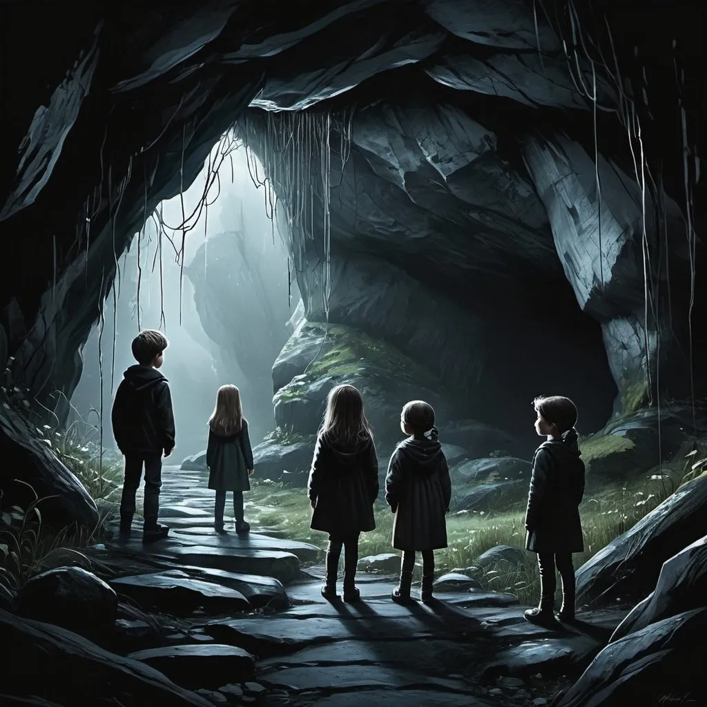 Prompt: Imagine, detail and create a scene where the children are standing at the entrance to a dark and mysterious place, such as a cave or an abandoned house. Their faces reflect fear and uncertainty as they look inward cautiously. Ominous shadows and disturbing details in the environment, such as hanging cobwebs or blurry figures in the dark, add to the sense of dread. You can highlight the tension in the scene by using dark colors and dramatic contrasts.