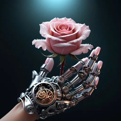 Prompt: Create a poignant digital illustration depicting a disembodied artificial hand holding the remnants of a delicate rose. The hand, crafted with a high-tech, metallic design, should be clearly detached from its mechanical origin, showcasing intricate details like gears and wires. The rose, partially wilted, is gently cradled in the robotic fingers, with its bright, dewy petals softly falling away. Each petal should glisten with drops of dew, catching the light in a magical way. The background could be a soft, blurred gradient, emphasizing the contrast between the cold, mechanical hand and the fragile beauty of the organic flower.