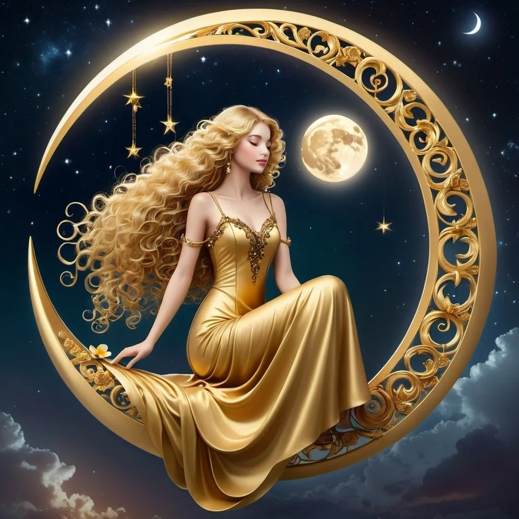 Prompt: Imagine a cheerful young woman in a golden dress, she is sitting on a columbium that hangs from the crescent moon at dawn, long curly hair, digital art style clipart, very detailed by mandy jungens, nadja baxter, anne stokes, nicoletta ceccoli , full colors.