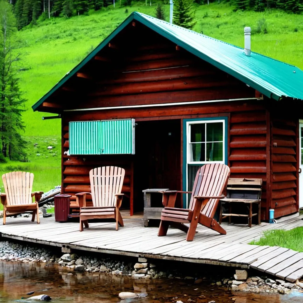 Prompt: Imagine a beautiful country cabin, next to a stream. Outside the cabin are two rustic wooden chairs.