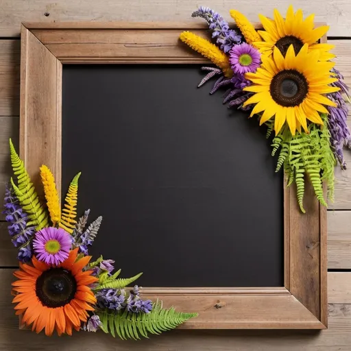 Prompt: Design a picture of a rustic wooden frame decorated in the lower left corner with a bohemian style floral ornament. The floral arrangement should include wildflowers such as sunflowers, lavenders, poppies and daisies in bright hues, mixed with fern fronds and vines that extend slightly into the photo. Add a jute bow to wrap around the base of the floral ornament for a handmade touch. The design should be cheerful and natural, highlighting the contrast between the colorful flowers and the rustic texture of the frame.