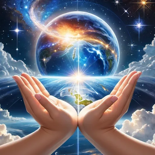 Prompt: Imagine, detail and create a digital illustration in a realistic style that represents the creation of the world according to the Genesis story. In the center of the image, she shows the figure of God creating the heavens and the earth, with his hands extended towards the universe in a gesture of creative power. At the top, he places a starry sky and distant galaxies, while at the bottom, he shows the earth in its initial form, covered by tumultuous waters. He adds elements such as bright light, plants emerging from the ground, and birds flying in the sky, to represent the progressive creation of the world according to the biblical account.