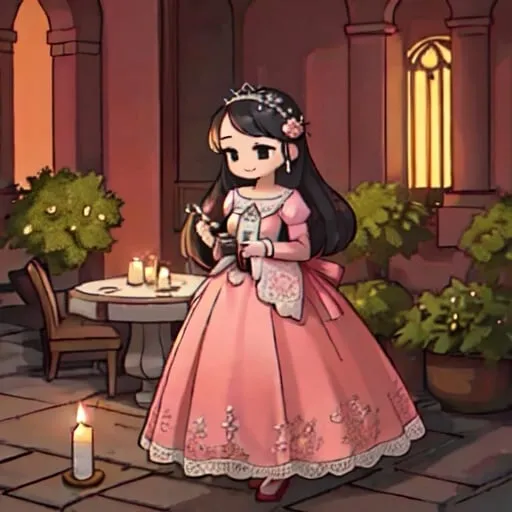 Prompt: In the garden of an elegant mansion, a young woman stands in front of a table decorated with flowers and candles, wearing a dazzling quinceanera dress. Her dress is deep pink, with delicate lace and embroidery that enhances her youthful beauty. The young woman smiles with emotion as she holds a lit candle in her hands, ready to begin the ceremony for her quinceañera. Around her, family and friends surround her with congratulations and gifts, creating an atmosphere of celebration and joy.