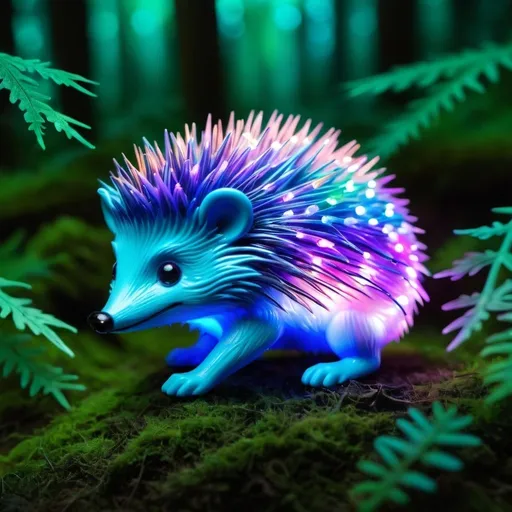 Prompt: Create a vibrant and surreal forest scene featuring an opal hedgehog frolicking joyfully. The forest should be filled with fantastical, colorful trees and plants, glowing with luminescent hues of blue, green, purple, and pink. The opal hedgehog, with its iridescent quills reflecting a spectrum of colors, is playfully running through the underbrush. Add whimsical elements like oversized, bioluminescent mushrooms and sparkling fairy lights to enhance the magical atmosphere.