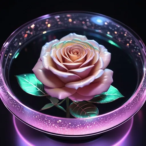 Prompt: In a high-tech room with glass walls and LED panels, a magical holographic rose is projected from a device in the center of a table. The holographic rose glows with soft, multicolored light, its petals seemingly made of pure energy that ripples and changes shape slightly over time. Around the rose, tiny sparks and flashes of light scatter in the air, creating a mesmerizing visual effect. The scene conveys a sense of wonder and technological sophistication, highlighting the magic of the holographic rose.