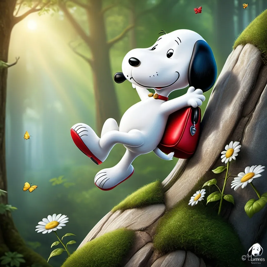 Prompt: Imagine Snoopy climbing. Digital art style clipart, very detailed by mandy jungens, nadja baxter, anne stokes, nicoletta ceccoli, full colors