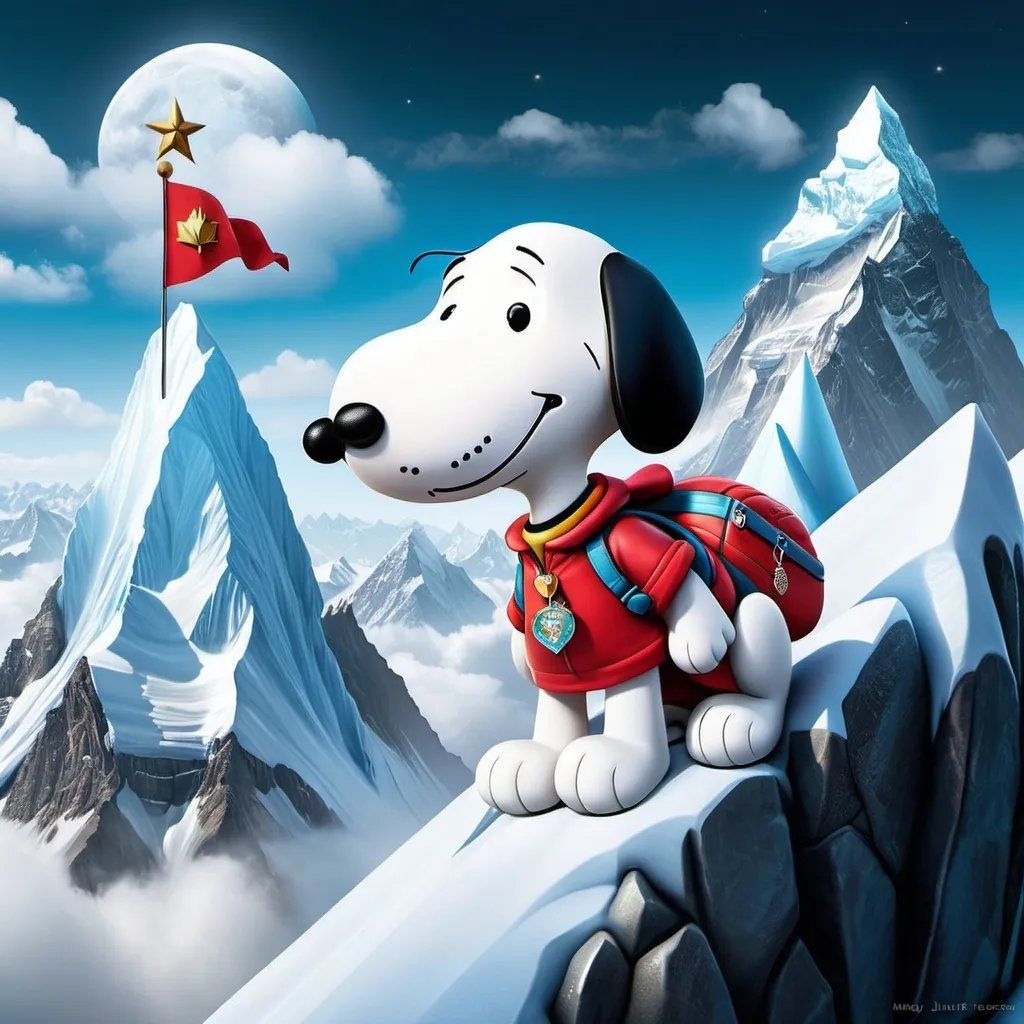 Prompt: Imagine Snoopy climbing Everest. Digital art style clipart, very detailed by mandy jungens, nadja baxter, anne stokes, nicoletta ceccoli, full colors