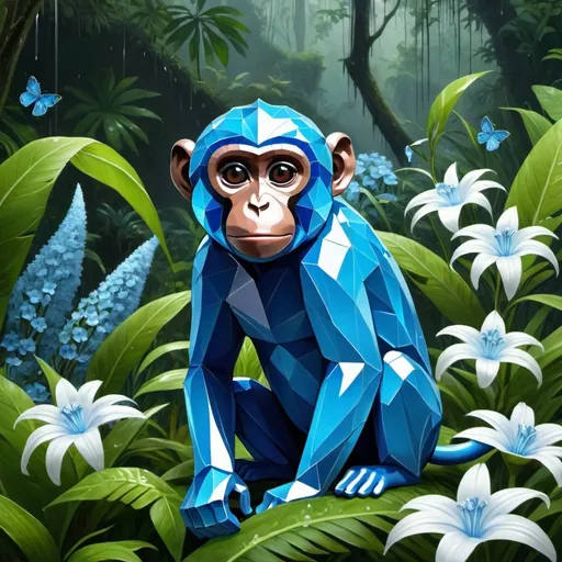 Prompt: A blue crystal monkey in a rain forest with blue grass and white flowers 