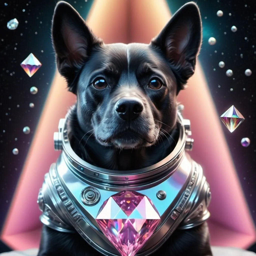 Prompt: Space dog with very detailed holographic diamond amor 
