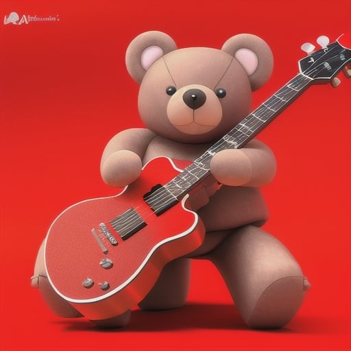 Prompt: <mymodel> a 3d render of kawaii bear with a guitar on a red background