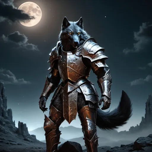 Prompt: Black wolf in rusted armor, lunar battle, moonlit landscape, detailed fur and armor, highres, detailed, lunar battle, intense atmosphere, moonlit, surreal, fantasy, detailed armor, professional, atmospheric lighting