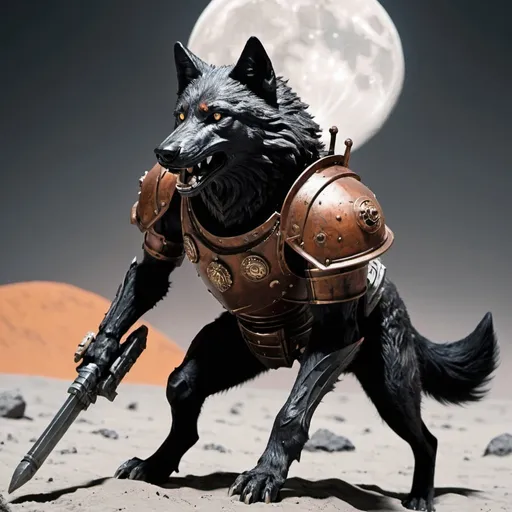 Prompt: A black wolf with rusted armour in a battle on the moon 