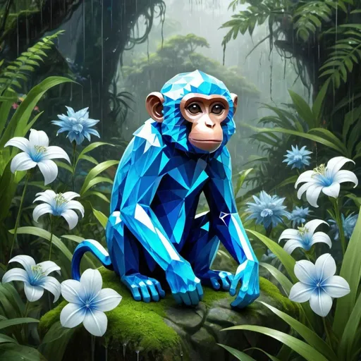 Prompt: A blue crystal monkey in a rain forest with blue grass and white flowers 