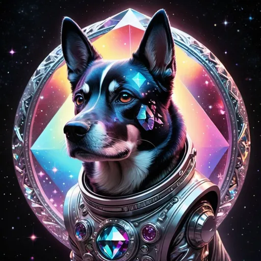 Prompt: Space dog with very detailed holographic diamond amor 
