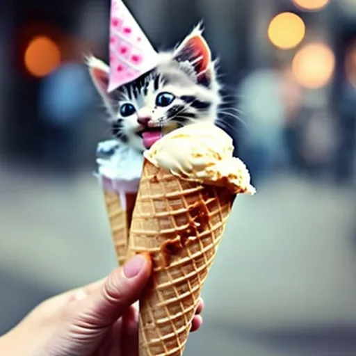 Prompt: An adorable little kitten that has an ice cream cone on its head and it’s so happy 