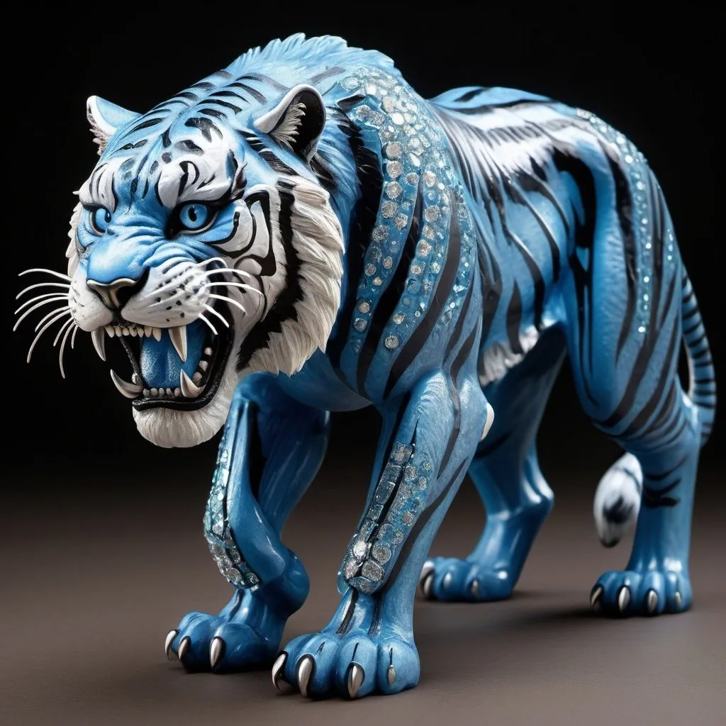 Prompt: Blue sabre tooth tiger with very very detailed diamond eyes and a very strong body 