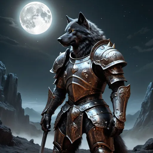 Prompt: Black wolf in rusted armor, lunar battle, moonlit landscape, detailed fur and armor, highres, detailed, lunar battle, intense atmosphere, moonlit, surreal, fantasy, detailed armor, professional, atmospheric lighting