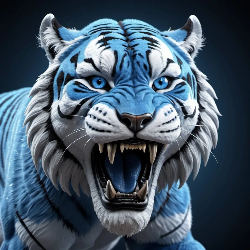 Prompt: Detailed 3D rendering of a majestic blue sabre tooth tiger, ultra-realistic fur with intricate diamond eyes, powerful and muscular body, cool-toned atmosphere, high quality, 3D rendering, detailed fur, strong physique, vivid blue, diamond eyes, professional lighting