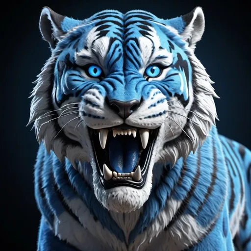 Prompt: Detailed 3D rendering of a majestic blue sabre tooth tiger, ultra-realistic fur with intricate diamond eyes, powerful and muscular body, cool-toned atmosphere, high quality, 3D rendering, detailed fur, strong physique, vivid blue, diamond eyes, professional lighting