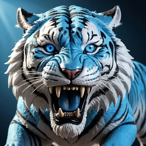 Prompt: Blue sabre tooth tiger with diamond eyes, ultra-detailed fur, powerful body, vibrant colors, high quality, realistic, intense gaze, detailed teeth, majestic presence, atmosphere lighting