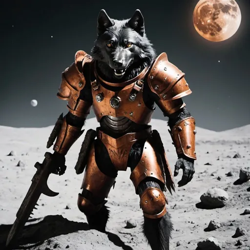 Prompt: A black wolf with rusted armour in a battle on the moon 