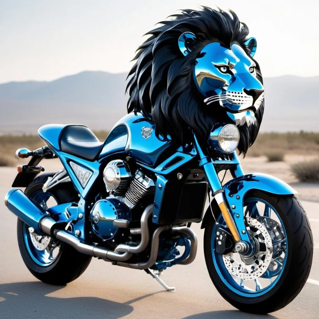 Prompt: A metallic blue motorcycle with a black lion with white diamonds on its body and in the blue sun