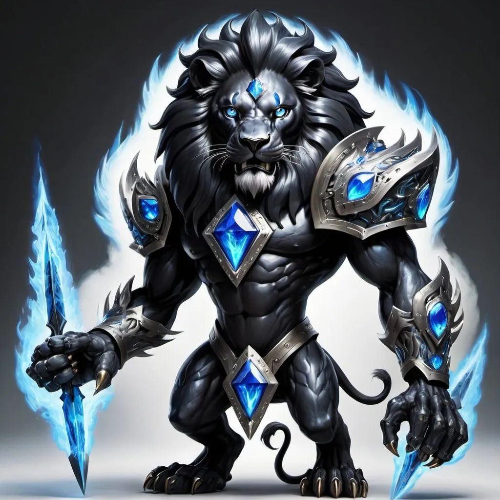 Prompt: Black lion with blue fire in its eyes and two big black diamond blades on its arms 