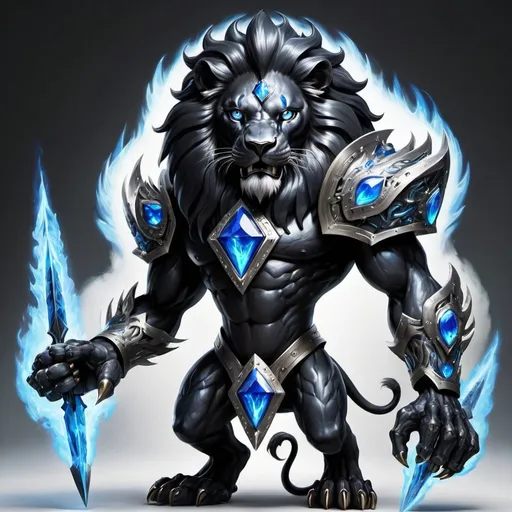 Prompt: Black lion with blue fire in its eyes and two big black diamond blades on its arms 