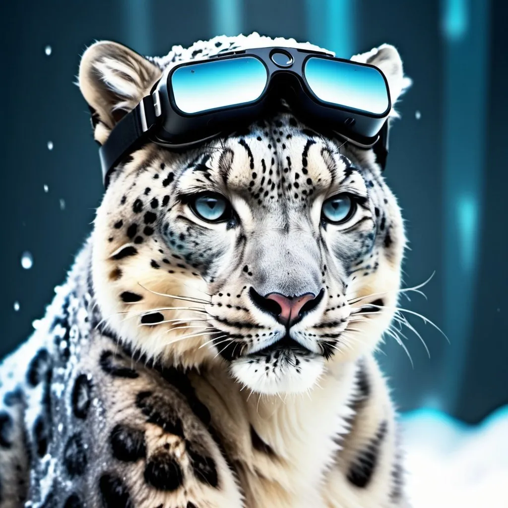 Prompt: Very cool snow leopard with virtual reality headset, diamond swords, high quality, VR art, futuristic, cool tones, detailed fur with icy reflections, intense and focused gaze, high-tech accessories, snowy environment, professional, atmospheric lighting