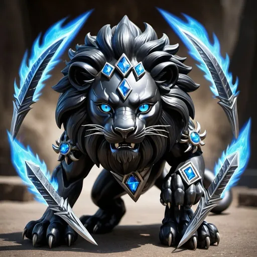 Prompt: Black lion with blue fire in its eyes and two big black diamond blades on its arms 