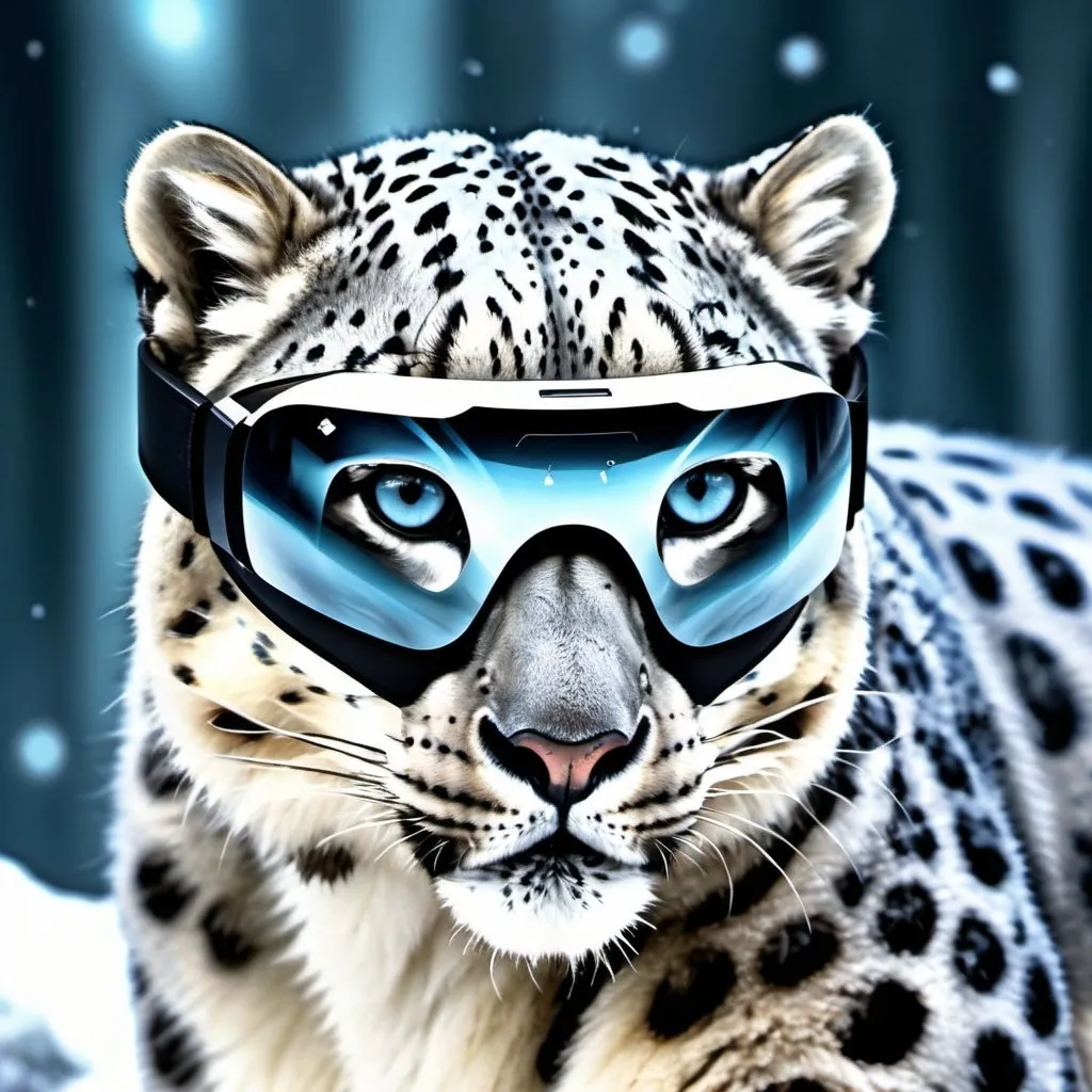 Prompt: Very cool snow leopard with virtual reality headset, diamond swords, high quality, VR art, futuristic, cool tones, detailed fur with icy reflections, intense and focused gaze, high-tech accessories, snowy environment, professional, atmospheric lighting