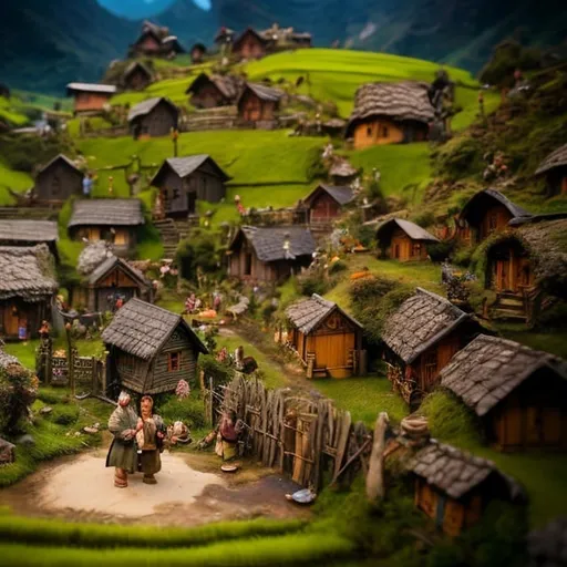 Prompt: The Hobbit, miniature diorama macro photography poor village, detailed and colourful huts, villagers in traditional attire, culture, sunset, horizon