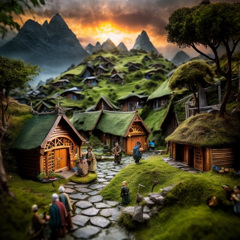 Prompt: The Hobbit, miniature diorama photography of a poor distance full village, detailed and colourful huts, villagers in traditional attire, culture, sunset, horizon, 