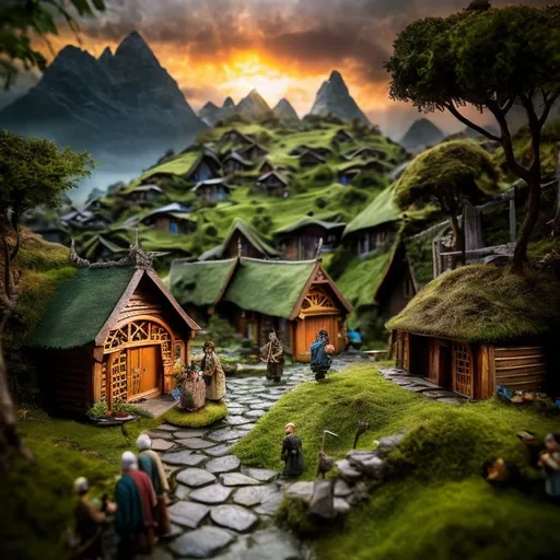 Prompt: The Hobbit, miniature diorama photography of a poor distance full village, detailed and colourful huts, villagers in traditional attire, culture, sunset, horizon, 