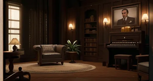 Prompt: Elegant minimalist art, side view, cozy indoor lounge, warm candlelit atmosphere, luxurious single armchair with graceful patterns, inspired by Italian mafia style from the film "The Godfather", distinct Rongzhengzaitang design influence, Bengali art style, exquisite matte painting details, fine digital rendering, rich textured details, intimate and warmth while providing cinematic lighting with soft shadows enhancing the scene, high-quality composition, ultra-detailed.