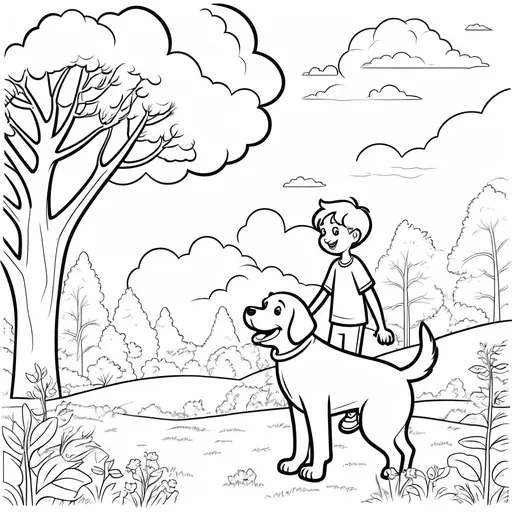 Prompt: (black and white) children’s coloring page, a cheerful boy playing with his dog, simple outlined illustrations, joyful background scenery, emphasized trees and clouds, engaging and whimsical elements, easy to color, thick contour lines, clear spaces, great for artistic expression, inviting and playful environment, capturing innocence and companionship