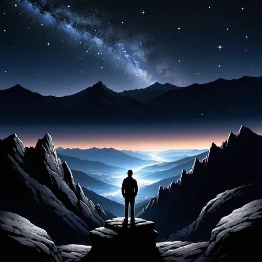 Prompt: give me some realistic picture base on script below
Scene:  An EXT. MOUNTAIN PEAK - NIGHT

A lone FIGURE (20s) stands at the summit of a majestic mountain, silhouetted against a breathtaking night sky. The air is crisp and thin. Millions of stars sprawl across a canvas of deep indigo, punctuated by the luminous glow of the Milky Way. A gentle breeze whispers through the rocks.

FIGURE
(Whispering)
Wow.

The figure takes a deep breath, filling their lungs with the cold, clear mountain air. They pull on a light jacket, gazing up at the celestial spectacle above.

FIGURE (V.O.)
They say the higher you climb, the closer you get to the stars.  I don't know about that, but... it certainly feels true tonight.

The camera pans across the landscape, revealing a vast panorama of jagged peaks shrouded in darkness. A distant valley twinkles with the lights of a small town.

FIGURE (V.O.)
It's amazing how quiet it gets up here. Like the whole world is asleep. Just you, the mountains, and the stars.

A shooting star streaks across the sky, leaving a fleeting trail of light. The figure smiles.

FIGURE (V.O.)
Sometimes you need a little perspective. A reminder that there's so much more out there than our everyday troubles.

The figure turns, gazing out at the moonlit horizon.

FIGURE (V.O.)
It's humbling.  Makes you feel a little smaller, but somehow... bigger too. Like you're part of something vast and incredible.

The figure closes their eyes, inhaling the crisp mountain air. A sense of peace settles over them.

FIGURE (V.O.)
Tonight, the world feels endless. And full of possibilities.

The figure opens their eyes, a determined glint flickering within them.

FIGURE (V.O.)
Maybe tomorrow will be different. Maybe I can make a difference.

The figure takes a deep breath and turns back towards the descent path, a newfound resolve in their stride.

FADE OUT.