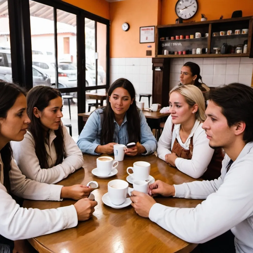 Prompt: group of 12 white bolivians at coffee shop studying and having enticing conversation