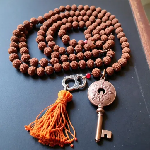 Prompt: A rudraksha mala with an iron key as locket